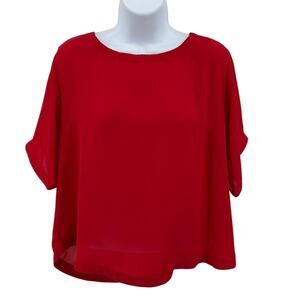 Bobeau Top WMNS S Oversized Boxy Chiffon Red Pullover Round Neck Short Sleeves